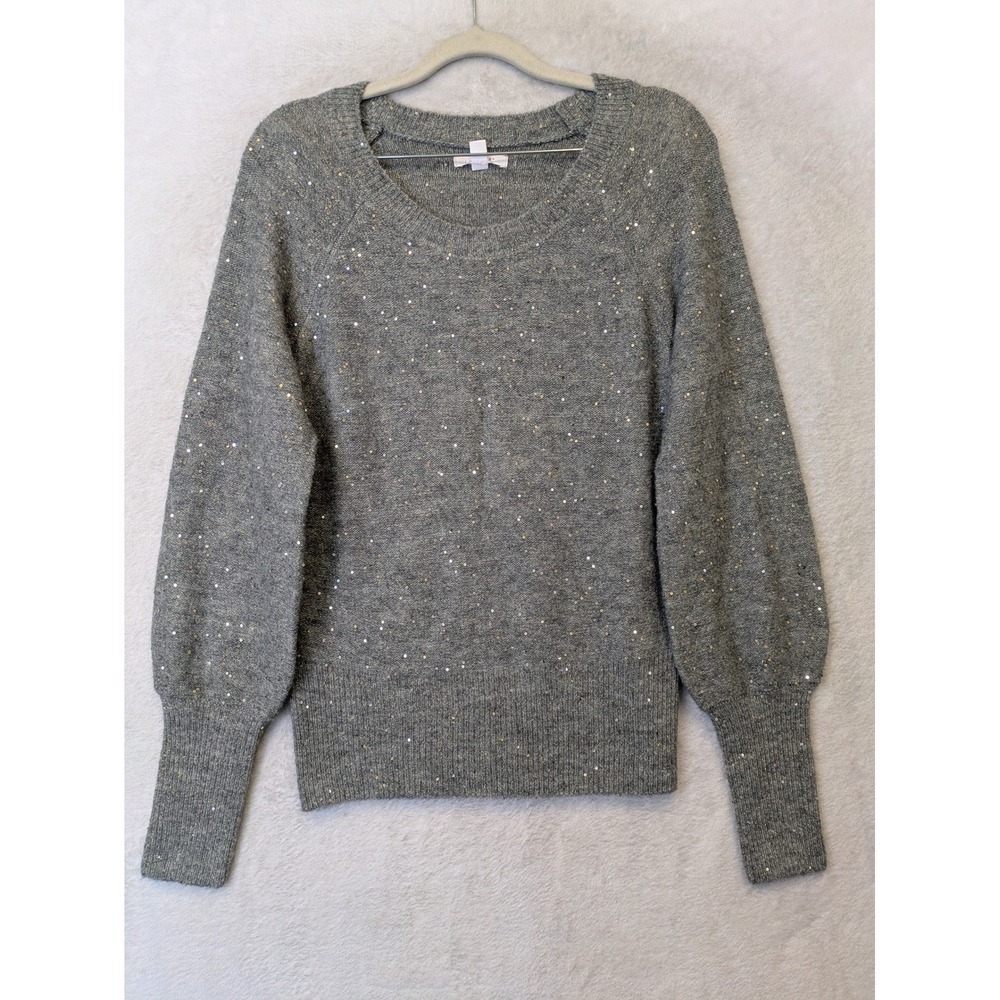 LC Lauren Conrad Sweater Womens XS Gray Sequin Balloon Sleeve Scoop Neck Sparkle